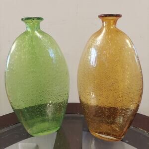 Mid Century Italian Amici Art Blown Bubble Glass 9.5" Emerald & Amber Bud Vases